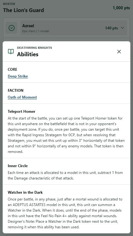 WarRoster Deathwing Knights abilities window with clickable core and faction rules