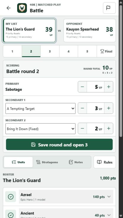 WarRoster round-two battle scoring for The Lion's Guard and Kauyon Spearhead