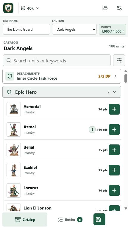 WarRoster Dark Angels list builder showing The Lion's Guard at exactly 1,000 points