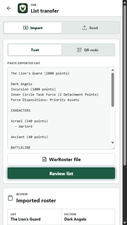 WarRoster text importer reviewing The Lion's Guard roster
